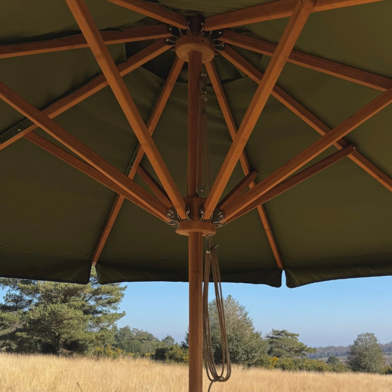 Outdoor Parasol Sunshade in an Olive-green Fabric & Blue Trim Valance