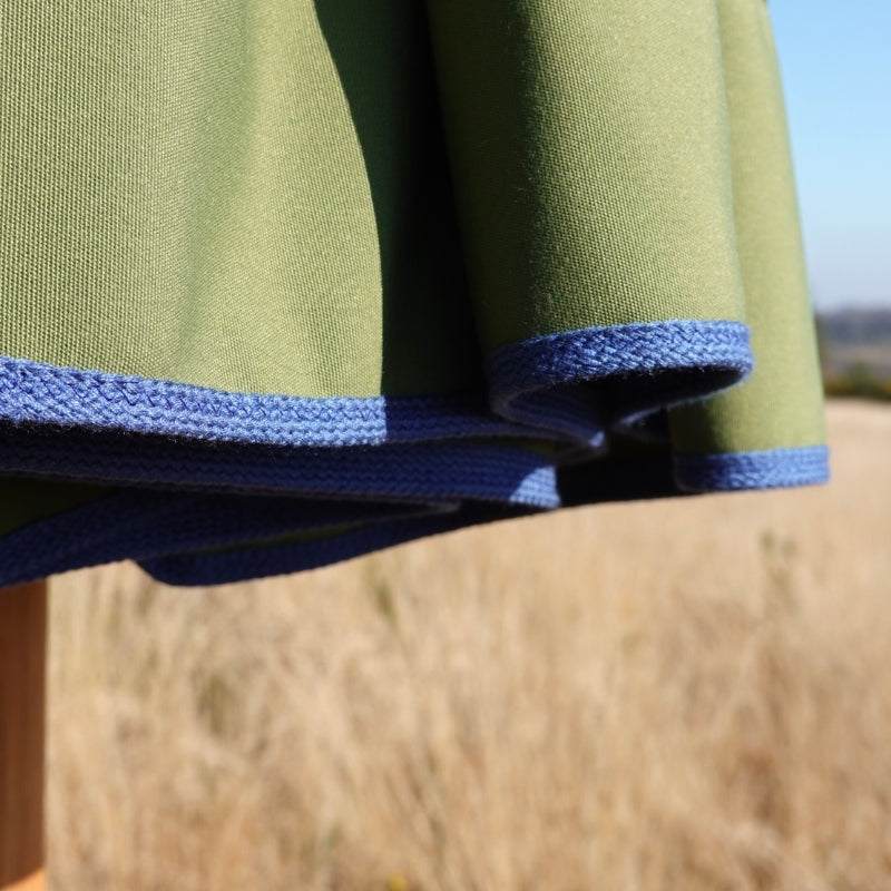 Outdoor Parasol Sunshade in an Olive-green Fabric & Blue Trim Valance