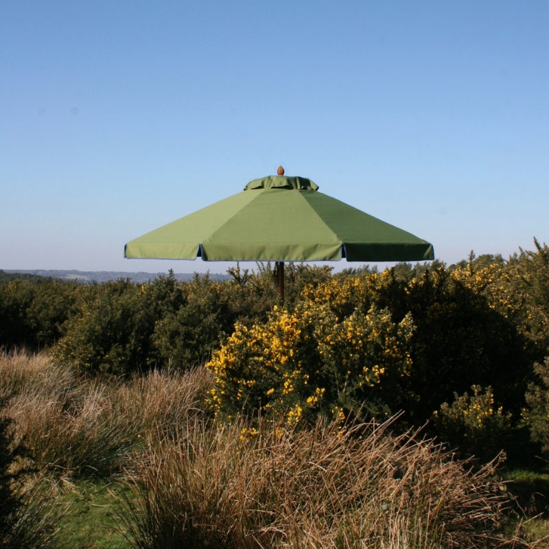 Outdoor Parasol Sunshade in an Olive-green Fabric & Blue Trim Valance